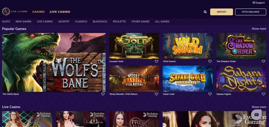 Live Lounge casino homepage