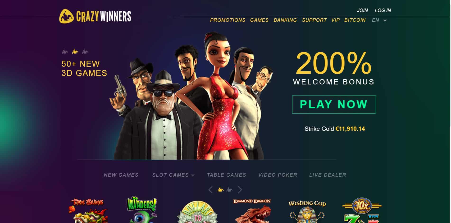 CrazyWinners casino homepage