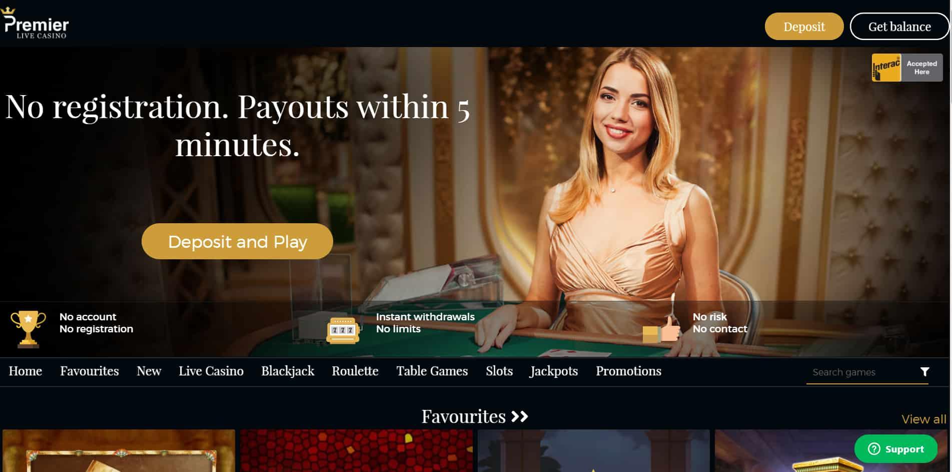 Premier Live casino homepage
