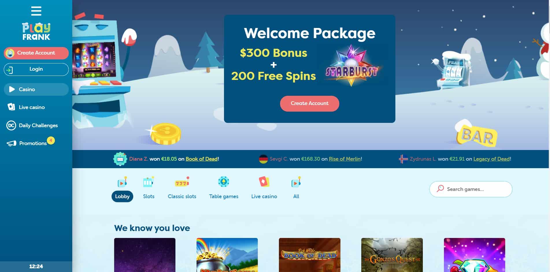 PlayFrank casino homepage