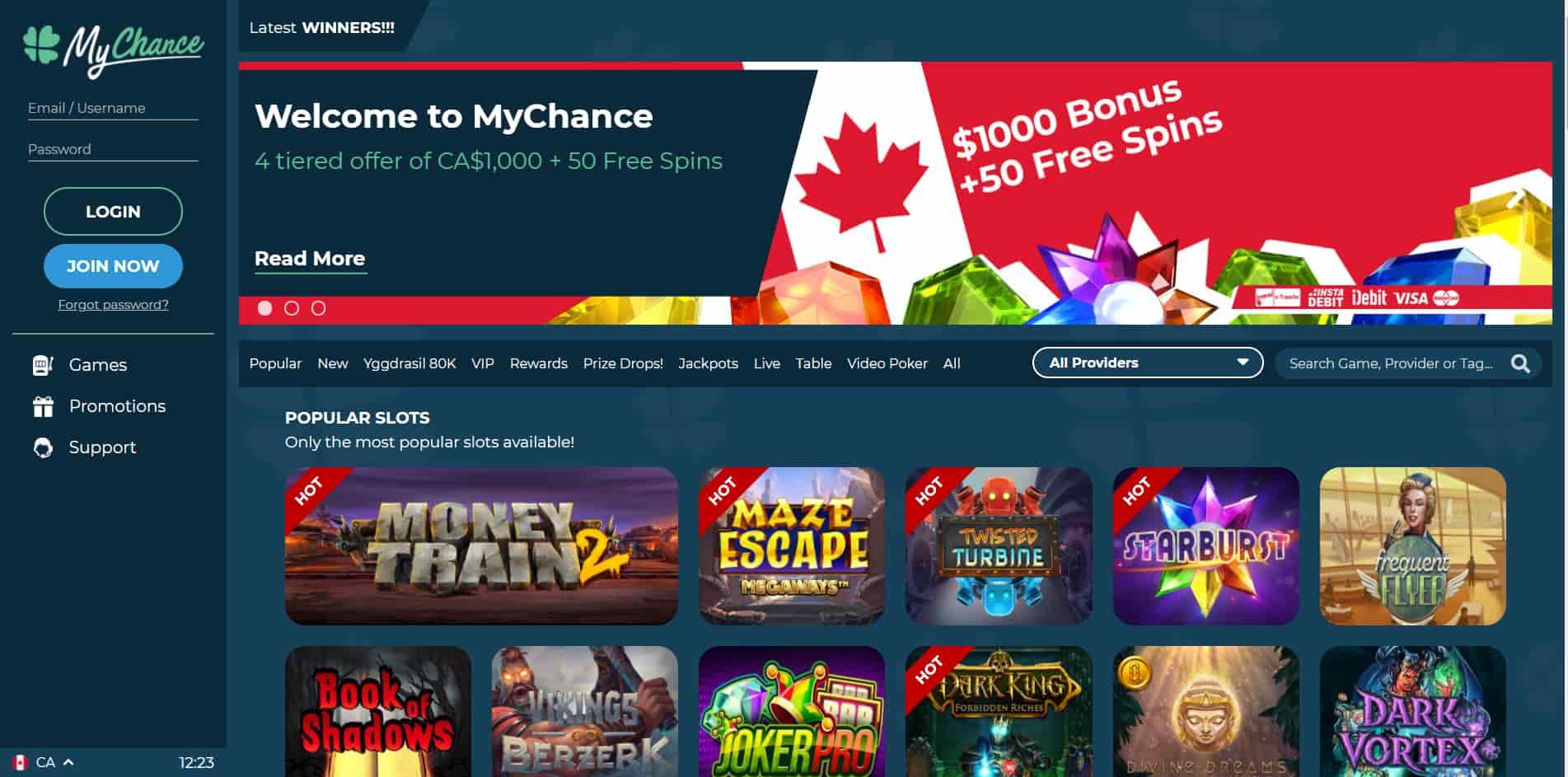 MyChance casino homepage