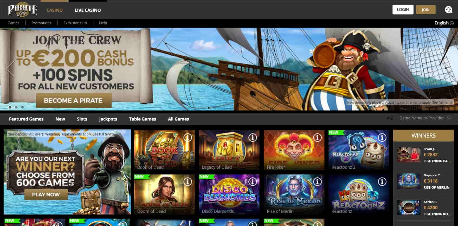 Pirate Spin casino homepage