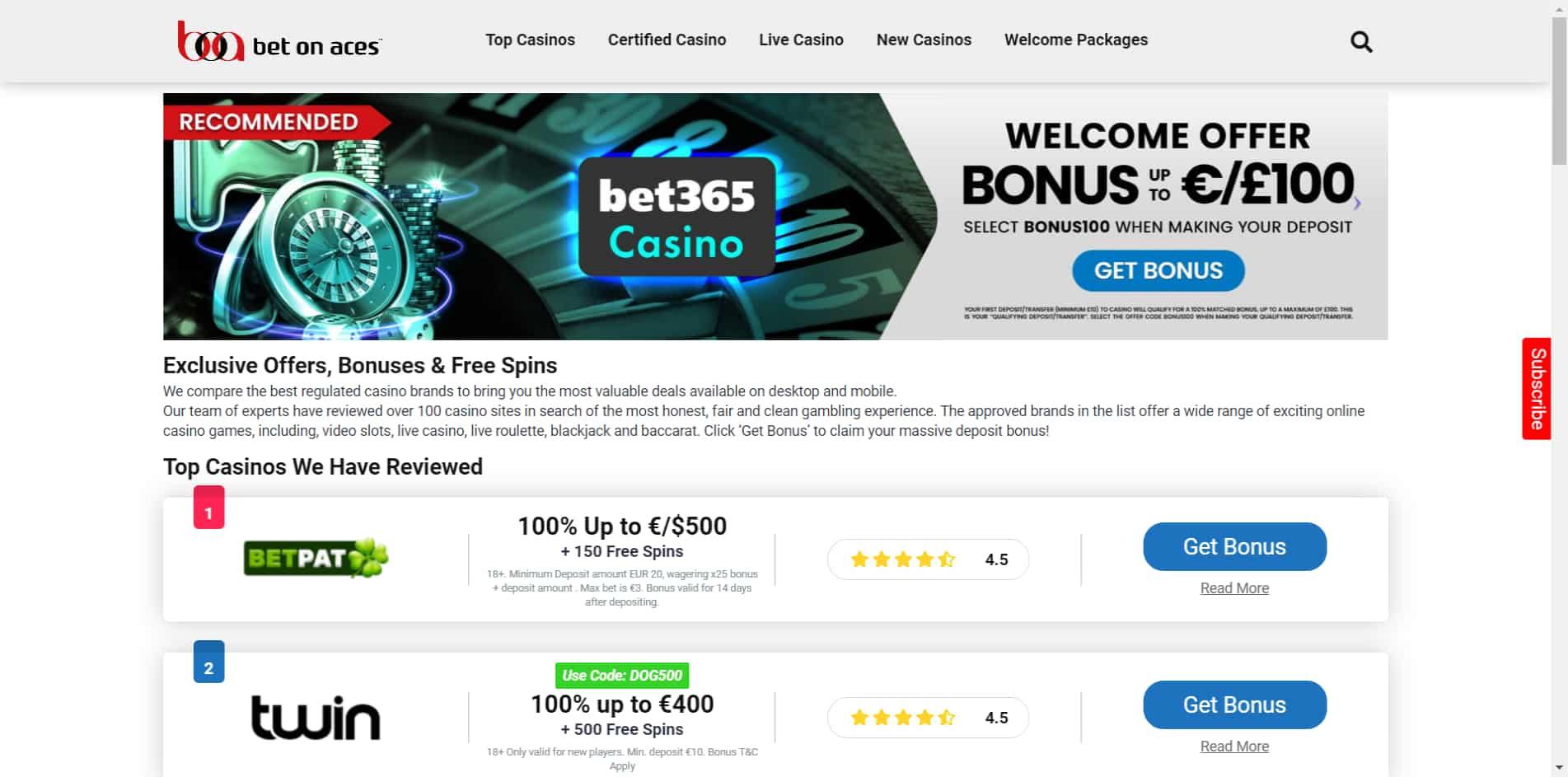 Bet On Aces casino homepage