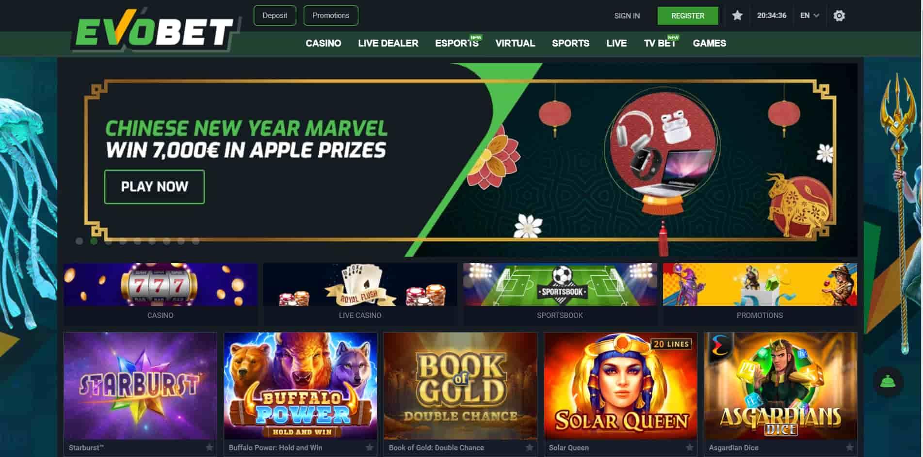 Evobet casino homepage