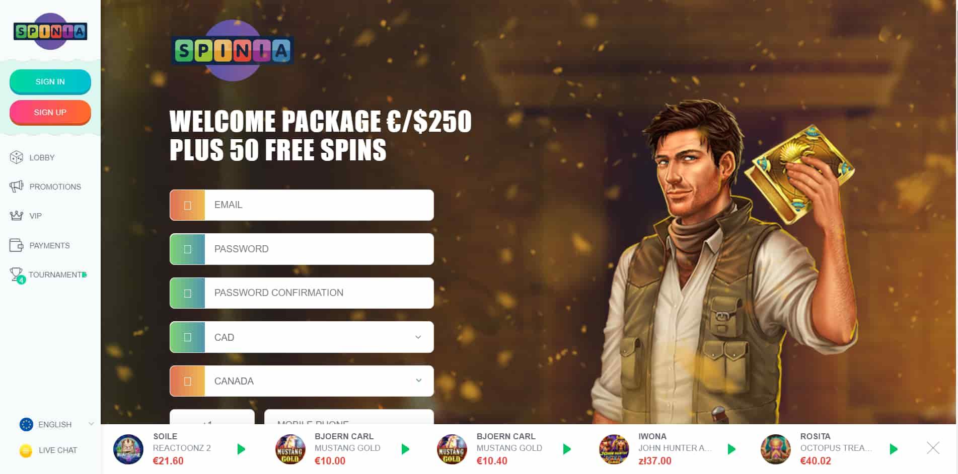 Spinia casino homepage