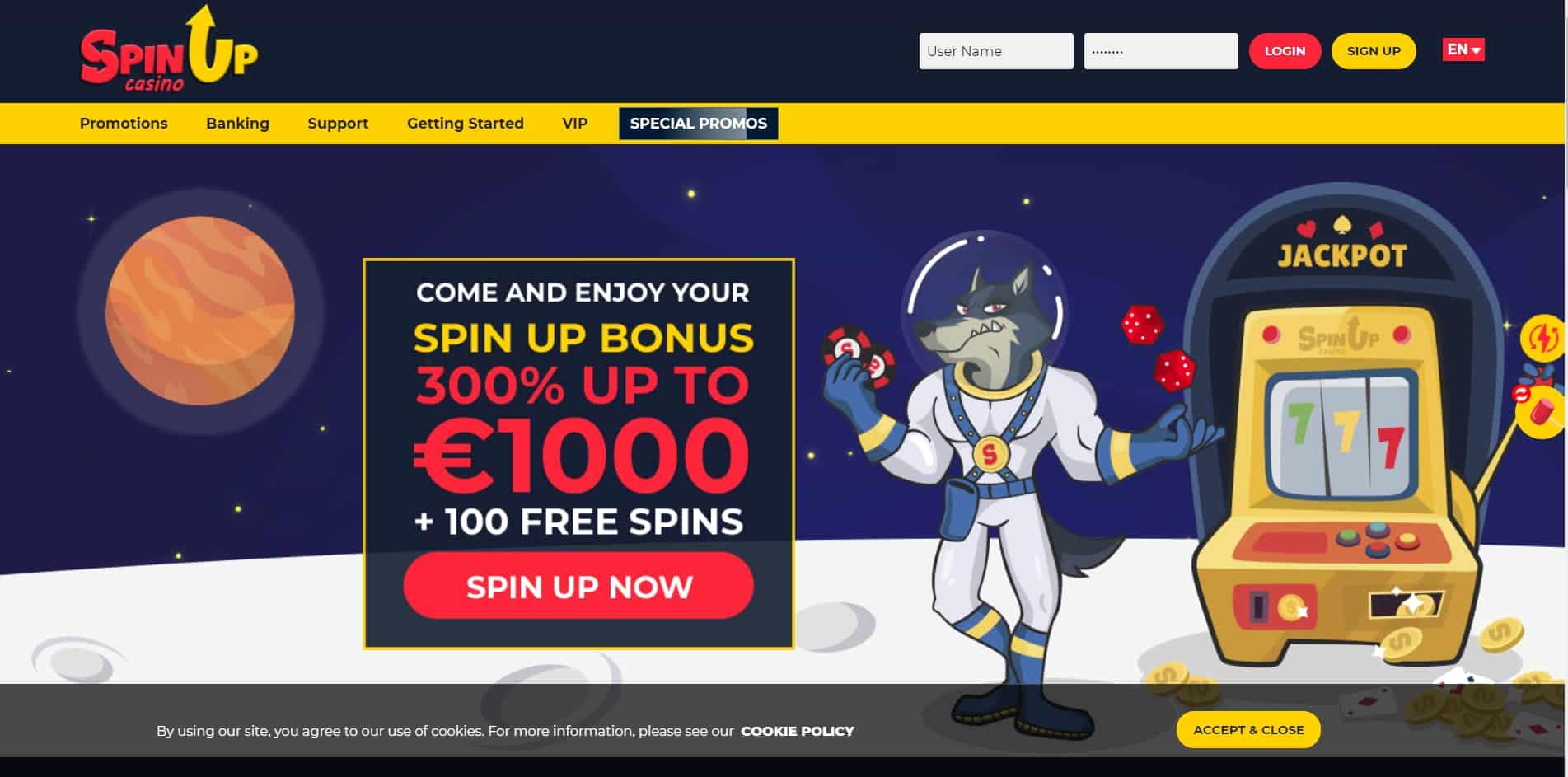SpinUp casino homepage