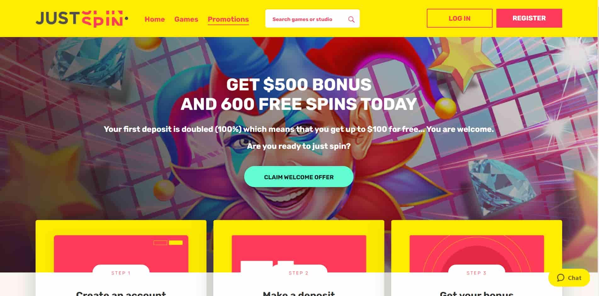 Justspin casino homepage