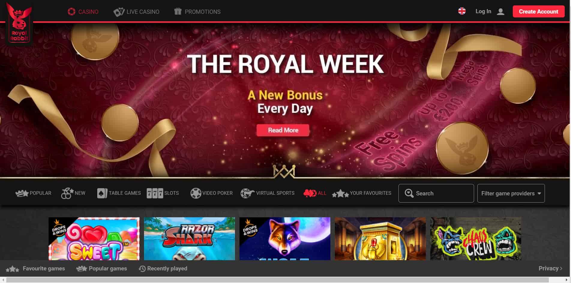 Royal Rabbit casino homepage