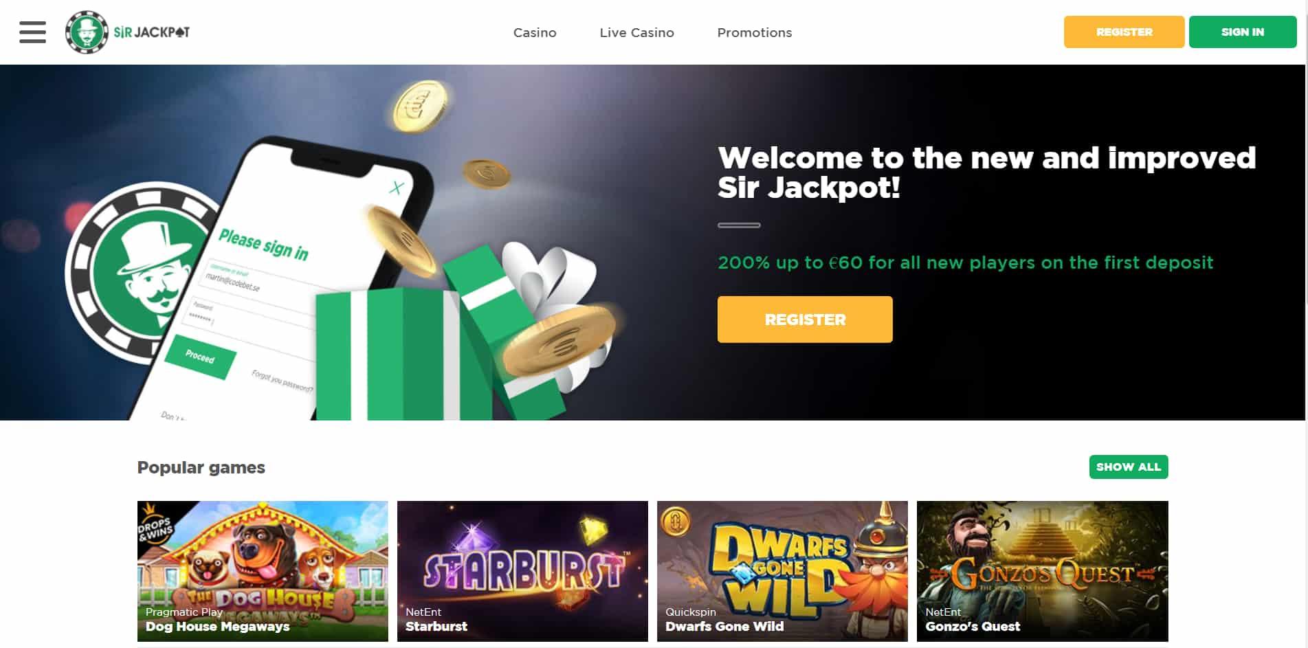 Sir Jackpot casino homepage