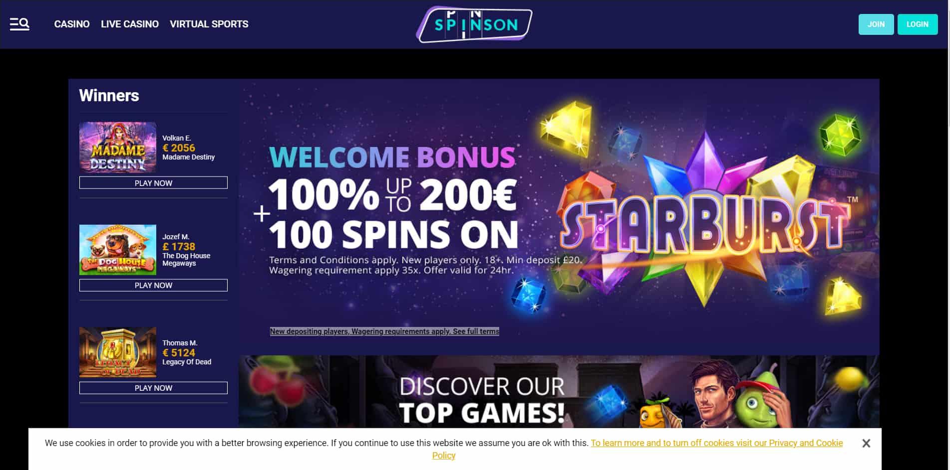 Spinson casino homepage