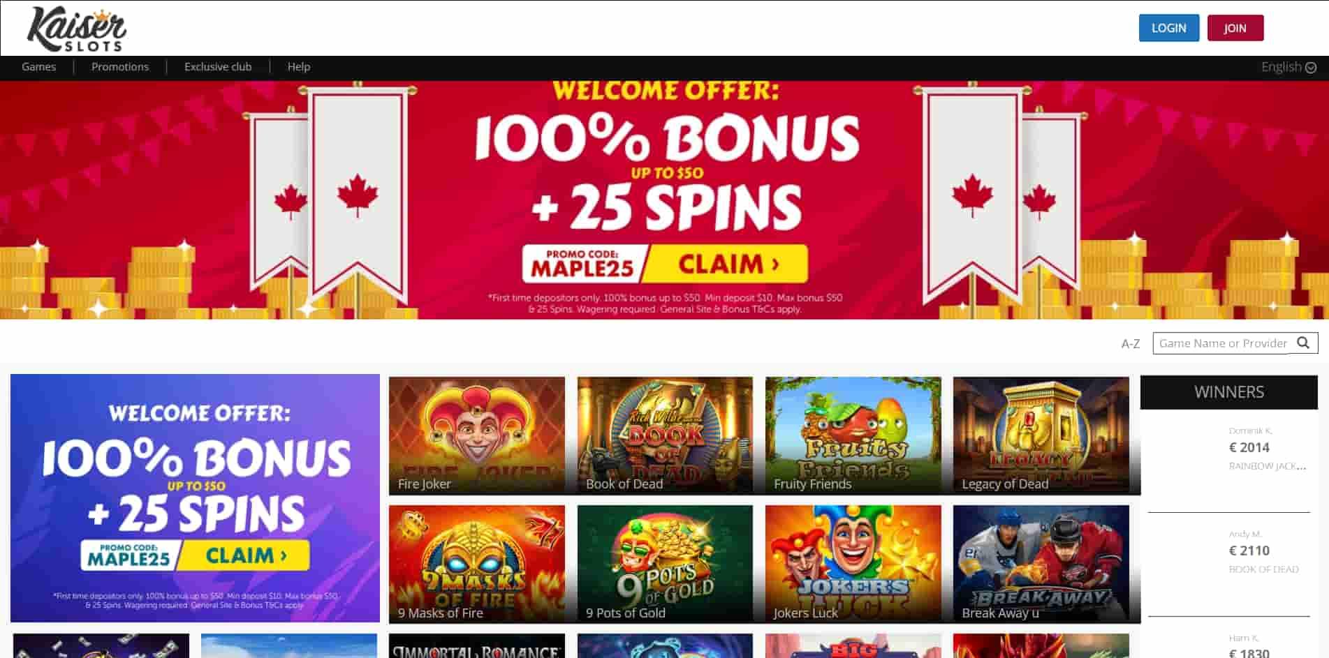 Kaiser Slots casino homepage