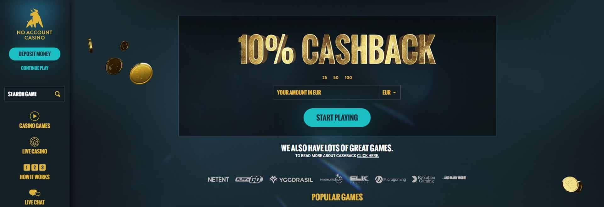 No Account casino homepage