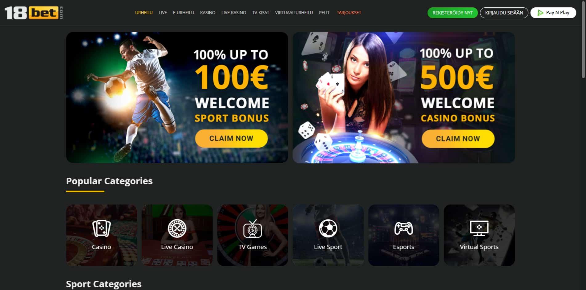 18Bet casino homepage