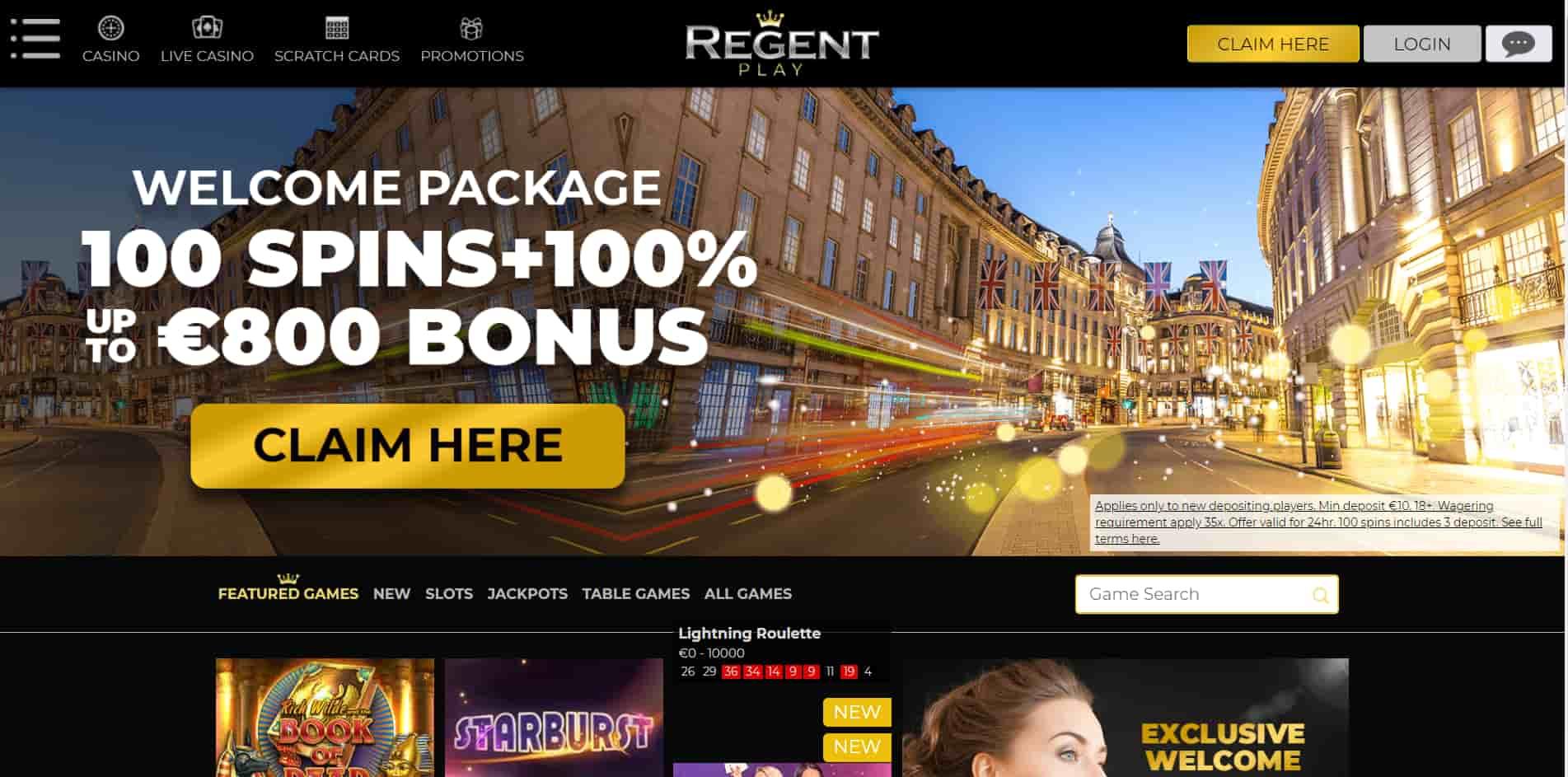 Regent Play casino homepage
